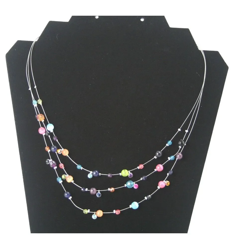 Multicolor Beaded Layered Illusion Necklace Silver Tone Floating Bead 19 Inch